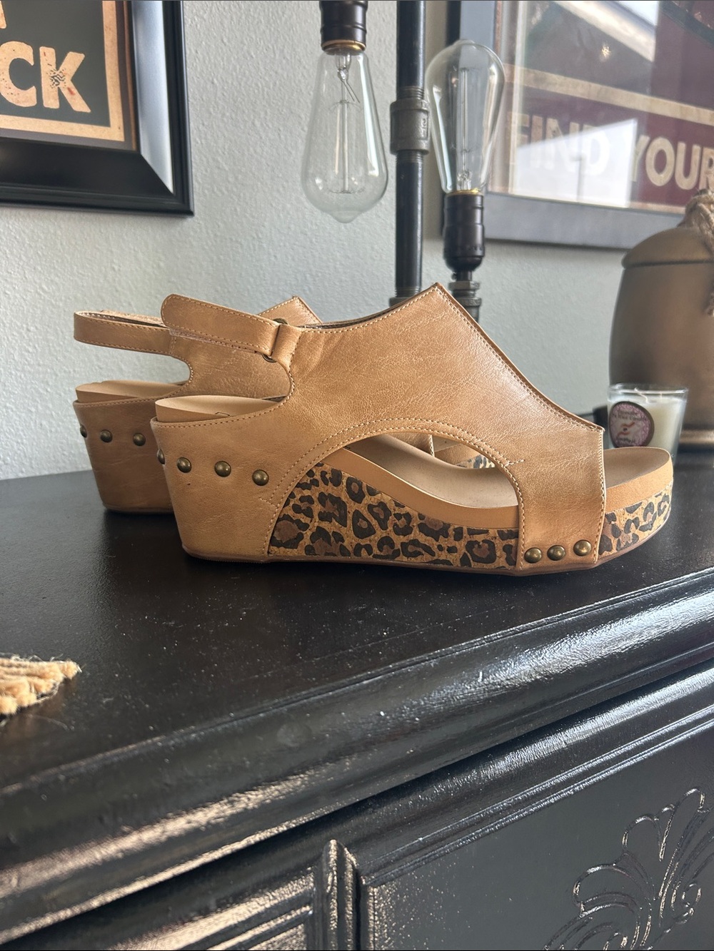 NWOB Tan Leopard-Trim Wedge Sandals by Corkys